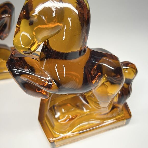 Vintage Rare L.E. Smith Amber Satin Glass Rearing Horse Bookends Pair Of 2 MCM - Picture 9 of 13